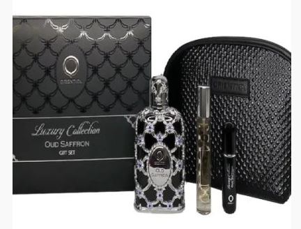 Estuche Orientica Oud Saffron Unisex 4PZS 80ml EDP + 10ml EDP + Atomizador + Cosmetiquera